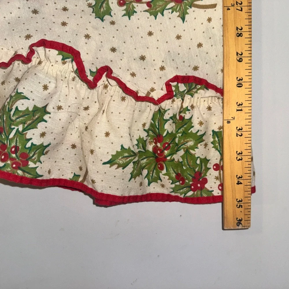 Vintage Holly Berry Christmas Round Tablecloth Cream Red Ruffle 70